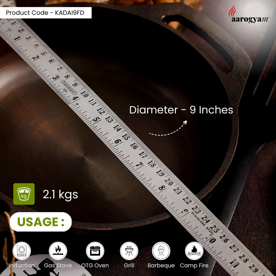 Aarogyam 9 Inch Induction Friendly Pre-seasoned Cast Iron Flat Kadai, Naturally Nonstick, Induction Friendly