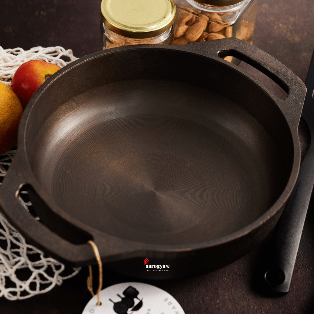 Aarogyam 9 Inch Induction Friendly Pre-seasoned Cast Iron Flat Kadai, Naturally Nonstick, Induction Friendly