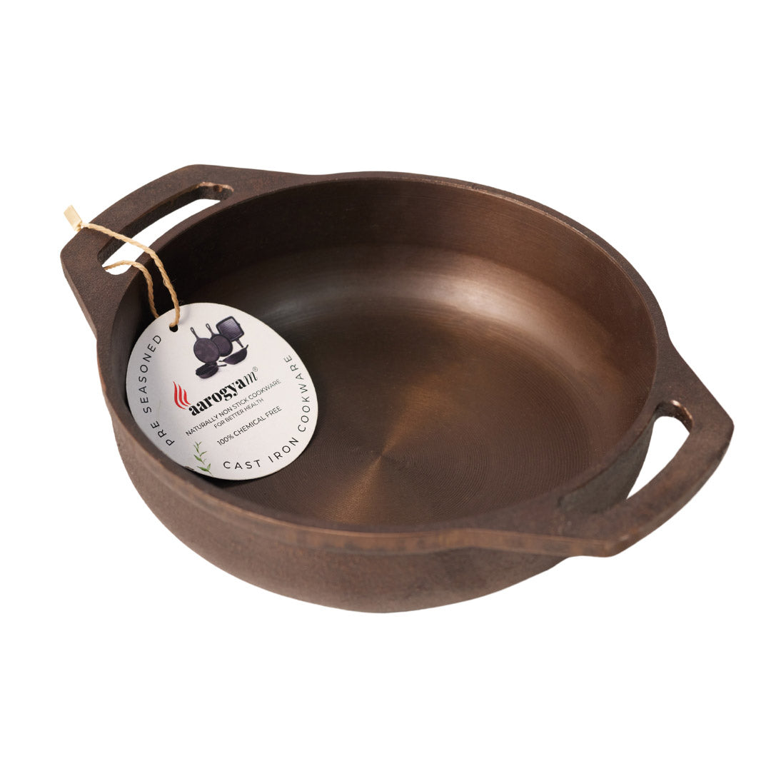 Aarogyam 9" Pre-seasoned Cast Iron Flat Kadai, Naturally Nonstick, Induction Friendly