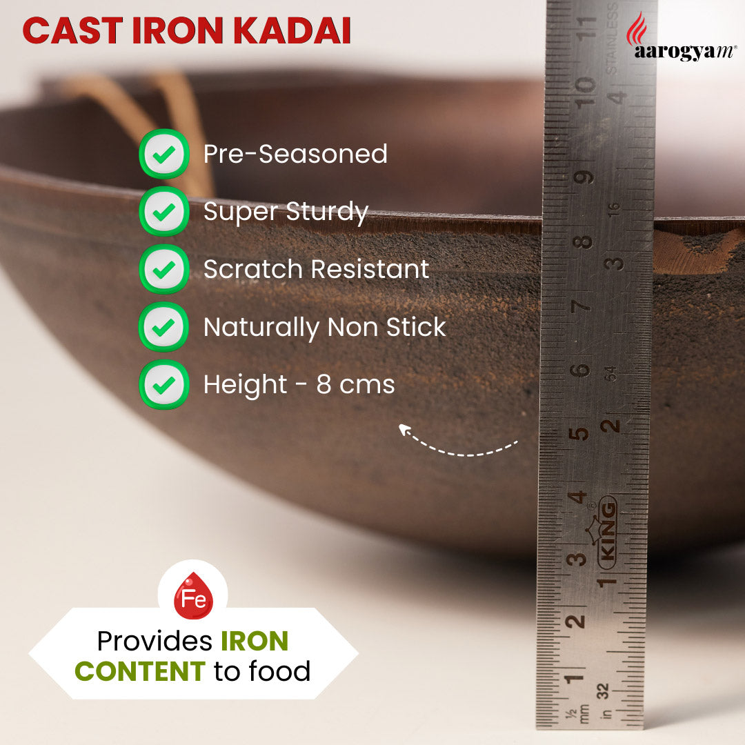 Cast iron kadai with measurement ruler and features listed on a white background