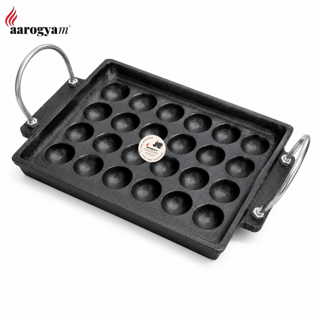 Aarogyam 24 Pits Cast Iron Rectangular Paniyaram, Appe, Appam Pan, Guntha Ponganalu Pan – Pre Seasoned, Rough Finish