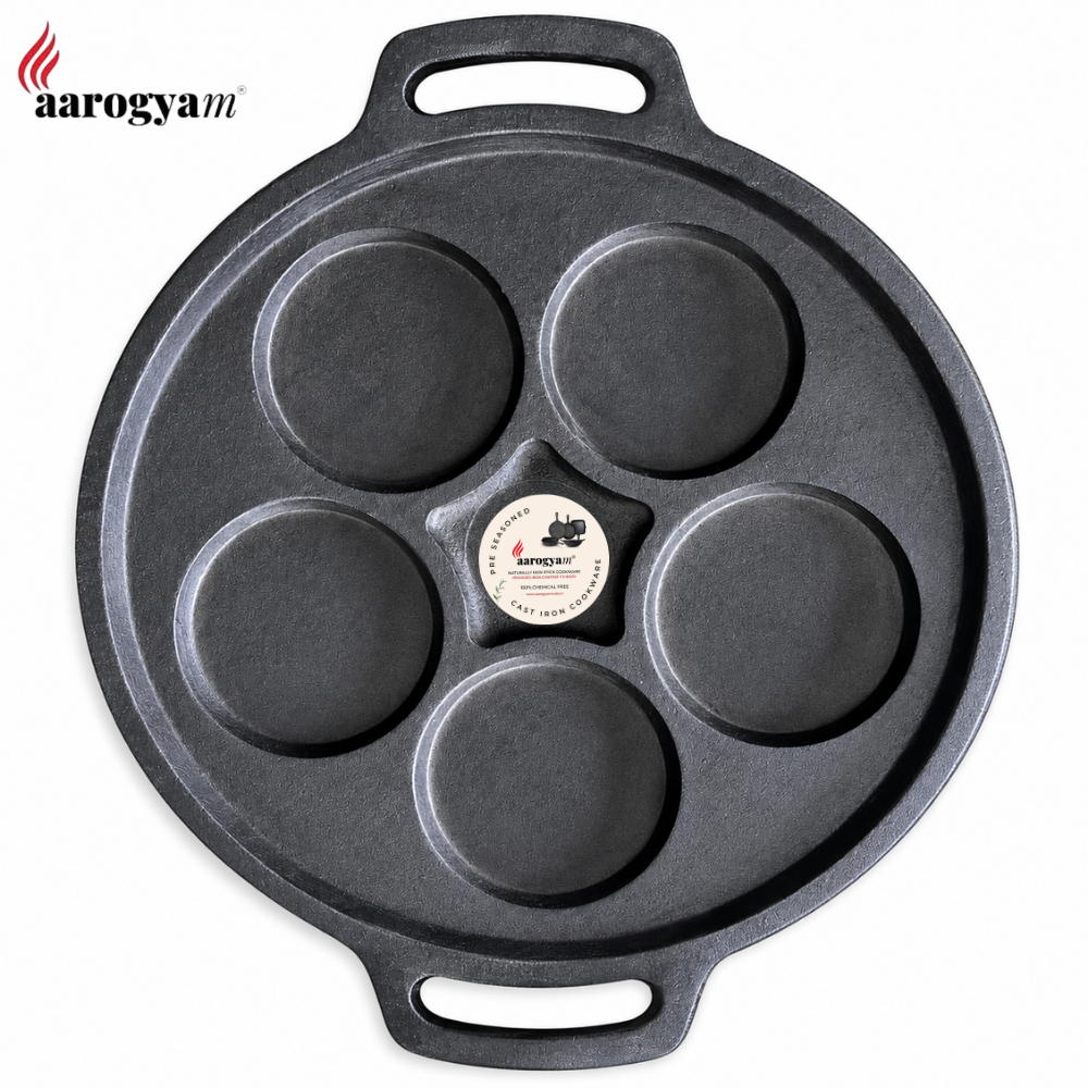 Aarogyam 12" Pre-seasoned Cast Iron Uttapam Pan, Pancake Pan, 5 Pits, Rough, Naturally Nonstick, Induction Friendly