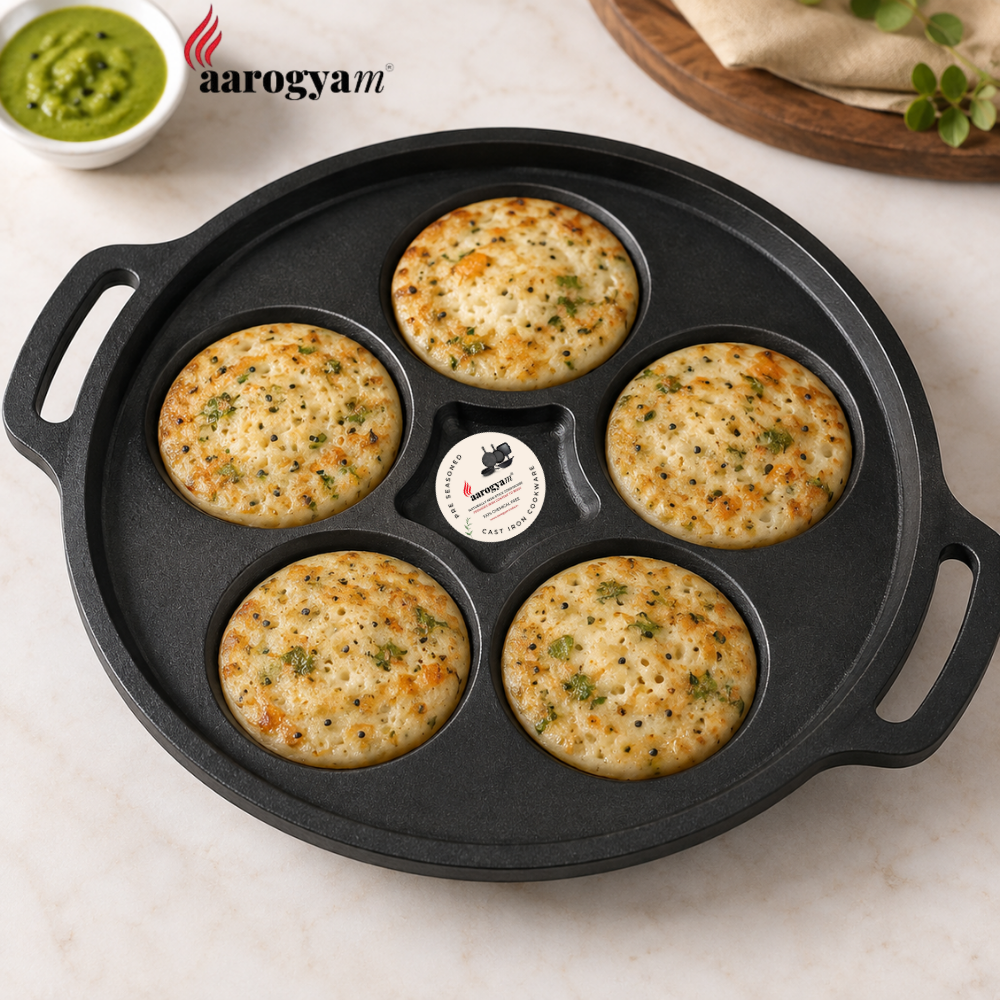 Aarogyam 12" Pre-seasoned Cast Iron Uttapam Pan, Pancake Pan, 5 Pits, Rough, Naturally Nonstick, Induction Friendly