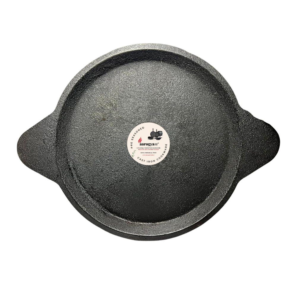 Cast iron skillet with a brand label on a white background