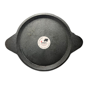 Cast iron skillet with a brand label on a white background