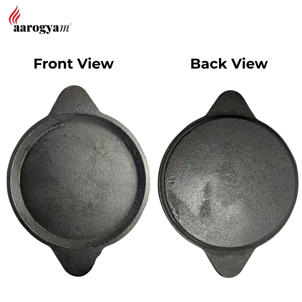 Arogyam cast iron cookware showing front and back views on a white background.
