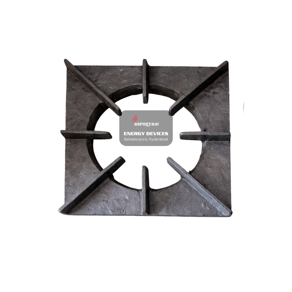 Black metal stove burner with Aarogyam Energy Devices logo on a white background