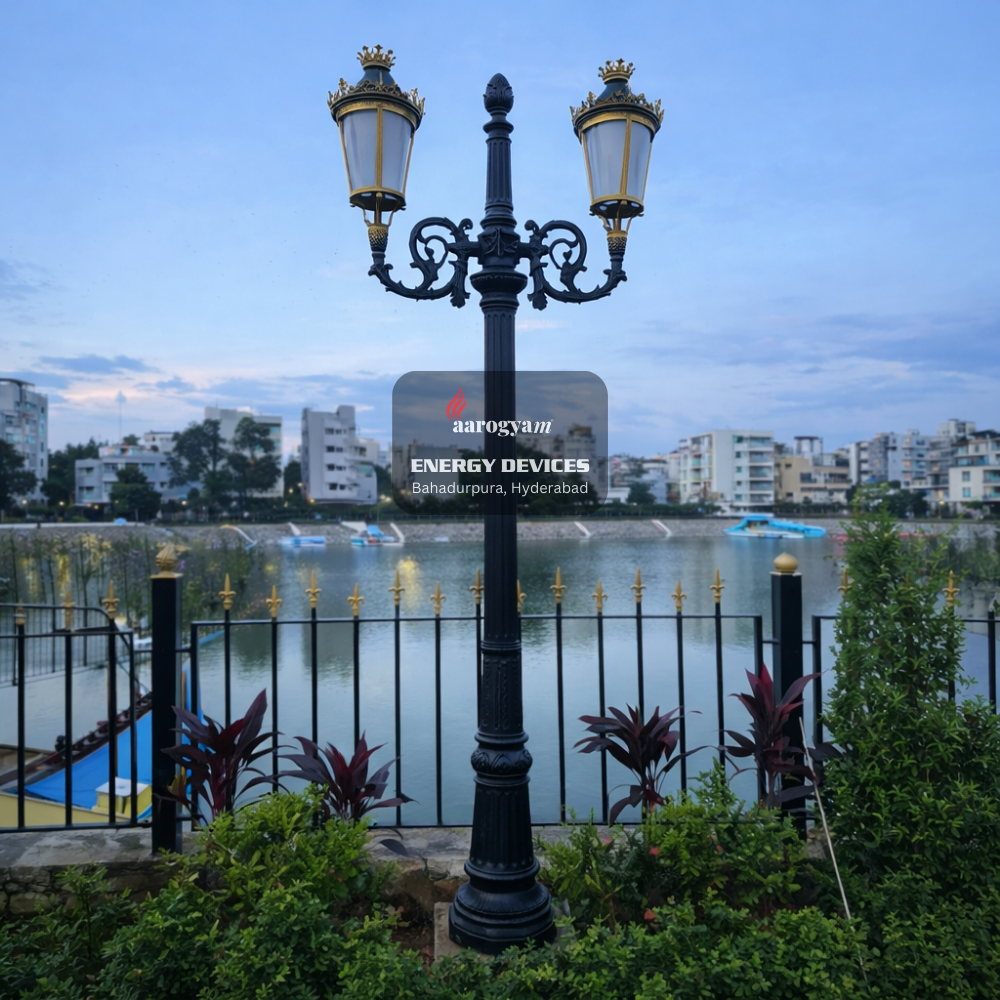 Decorative street lamp with a cityscape and lake in the background