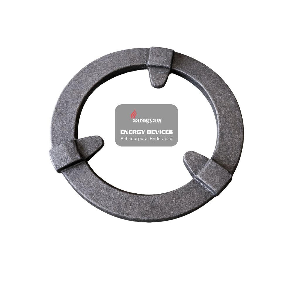 Metallic ring component with 'Aarogya' logo on a white background