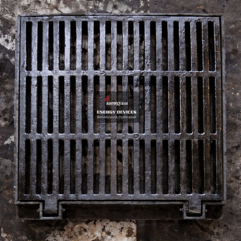 Metallic grid with Aarogyam Energy Devices logo on a textured background