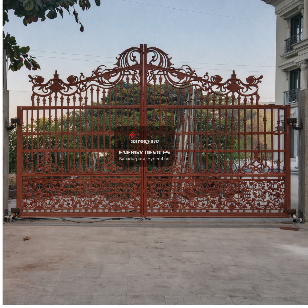 Decorative metal gate with intricate designs in front of a building.