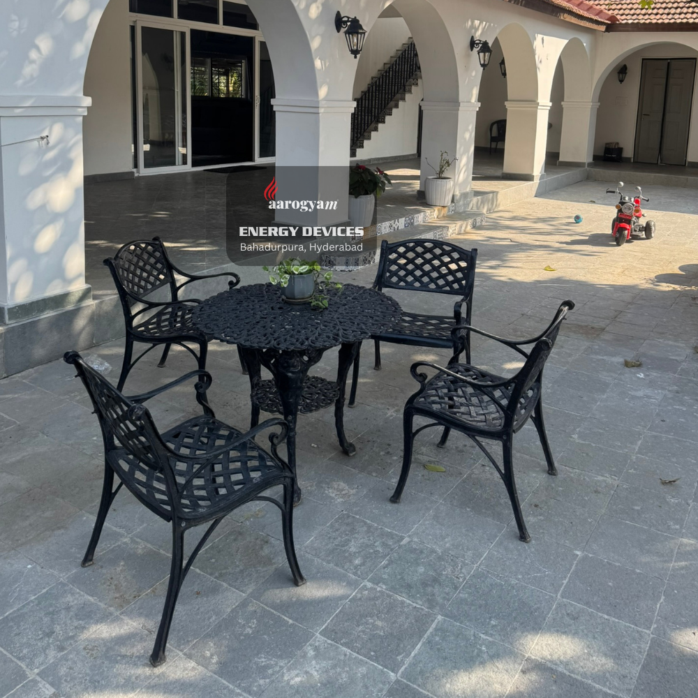 Black metal outdoor furniture set with a building in the background
