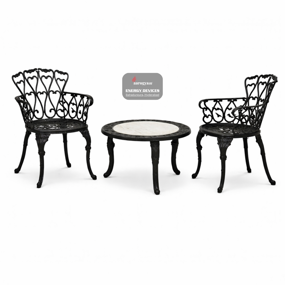 Black metal outdoor furniture set with a table and two chairs on a white background.