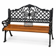Decorative bench with black metal backrest and wooden seat on a white background