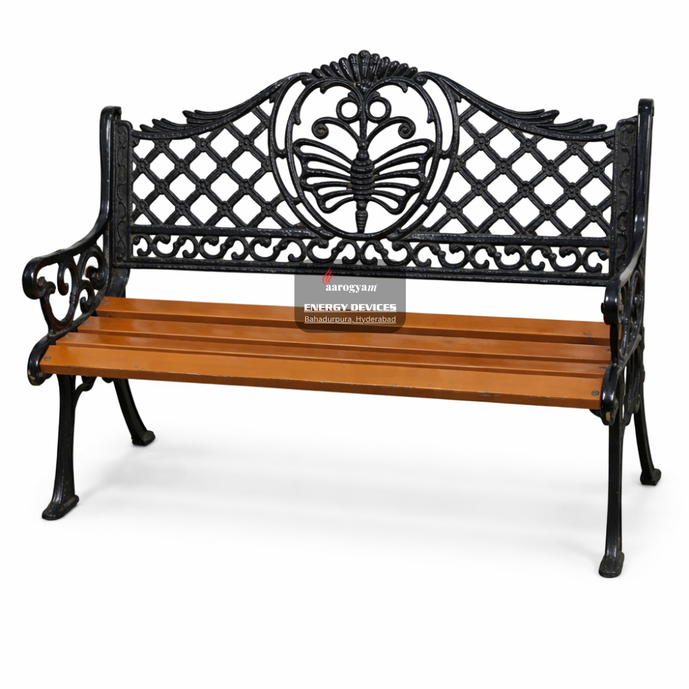 Decorative bench with black metal backrest and wooden seat on a white background