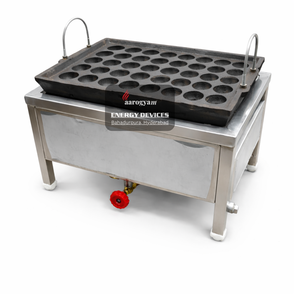 Stainless steel flatirons with circular holes on a white background, branded 'Aarogya Energy Devices'.