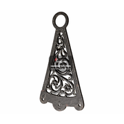 Decorative metal triangle with intricate designs on a white background