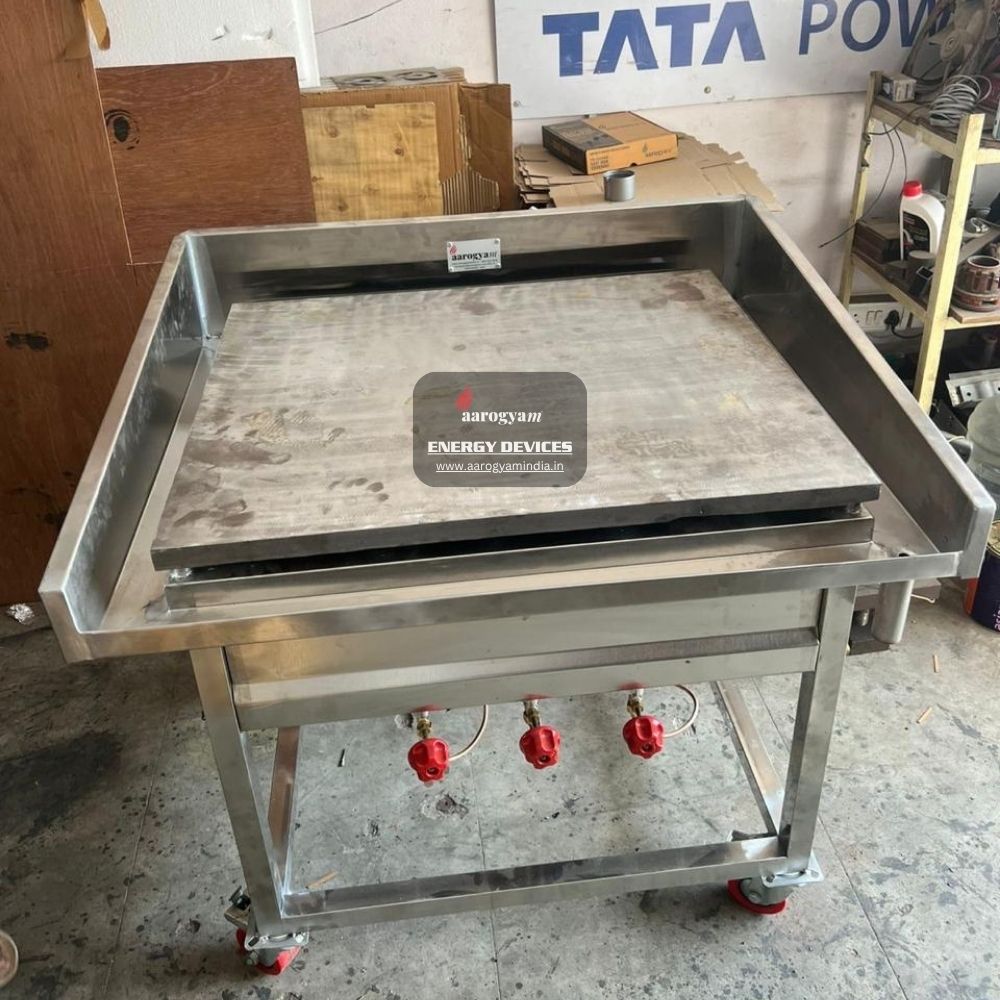 Set of Commercial Cast Iron Dosa Tawa | 36 Inch × 30 Inch | 30 mm Thickness & Stainless Steel Gas Burner with Wheels and Drain
