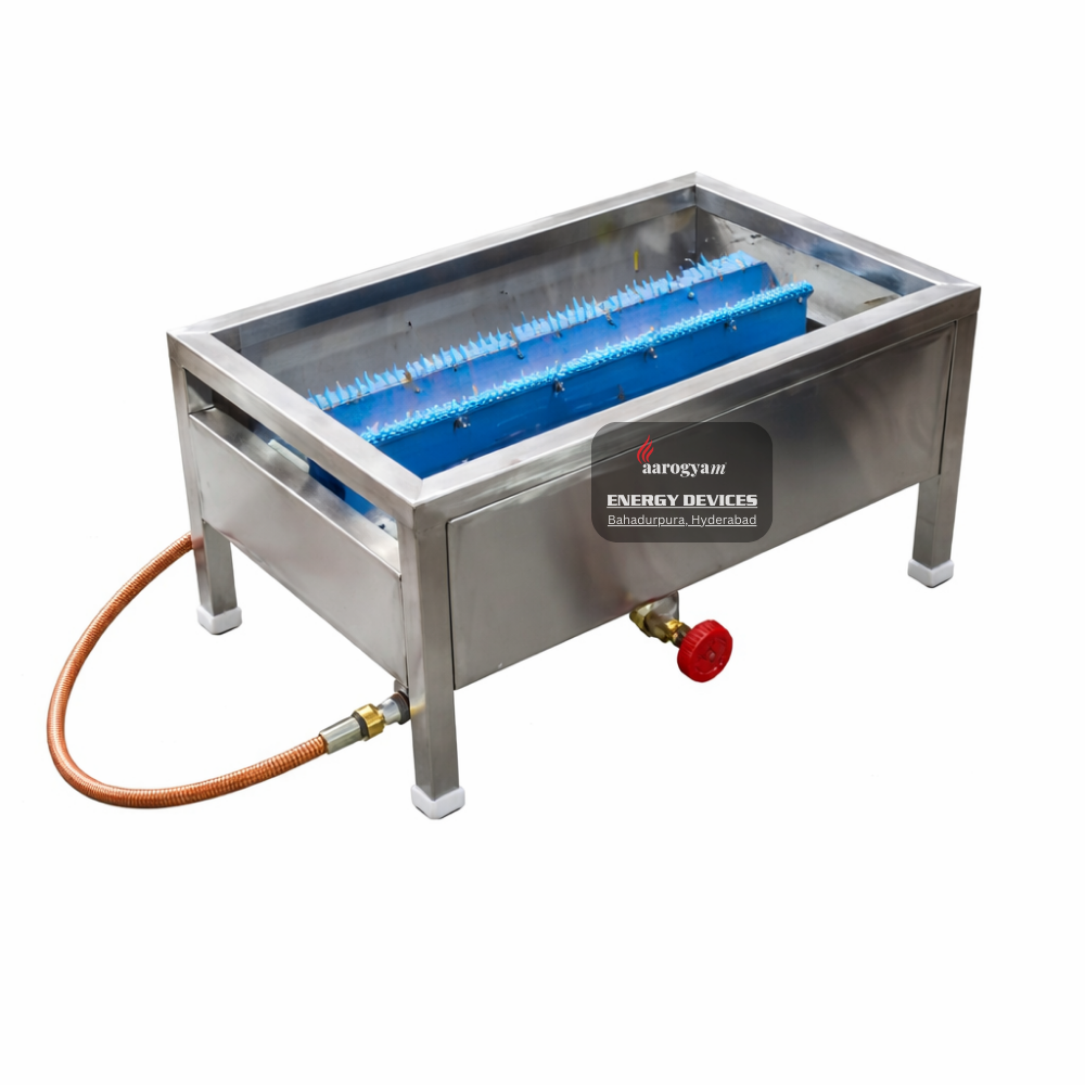 Stainless steel machine with blue cylindrical components and a hose on a white background