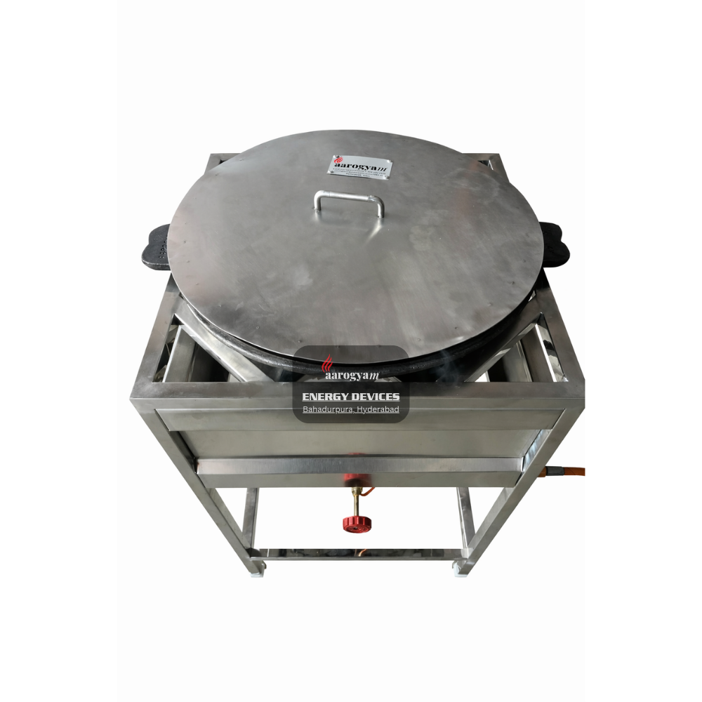 Stainless steel flat top grill on a white background