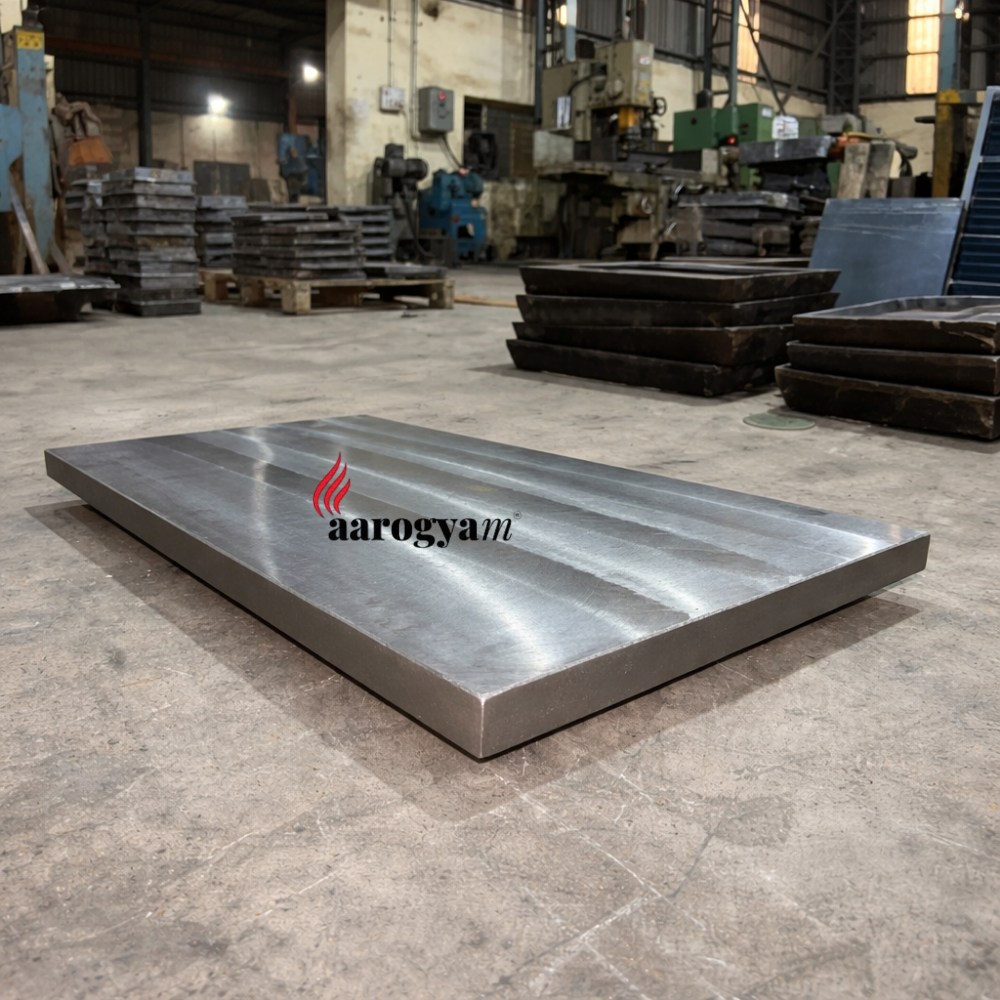 Large metal platform in a warehouse with 'aarogyam' branding.