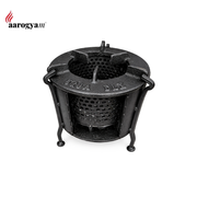 Black metal stove with 'aarogyam' branding on a white background