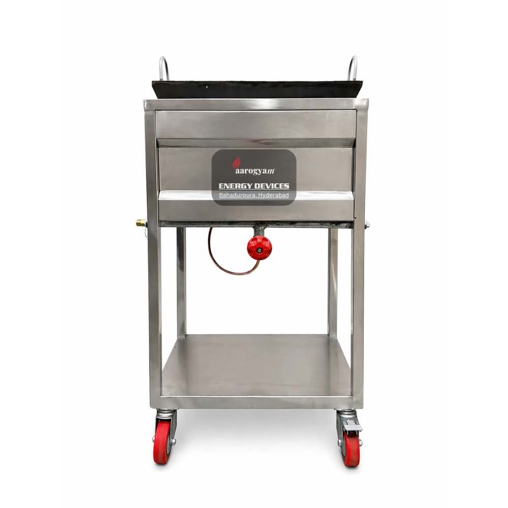 Stainless steel cart with a black top and visible branding on a white background
