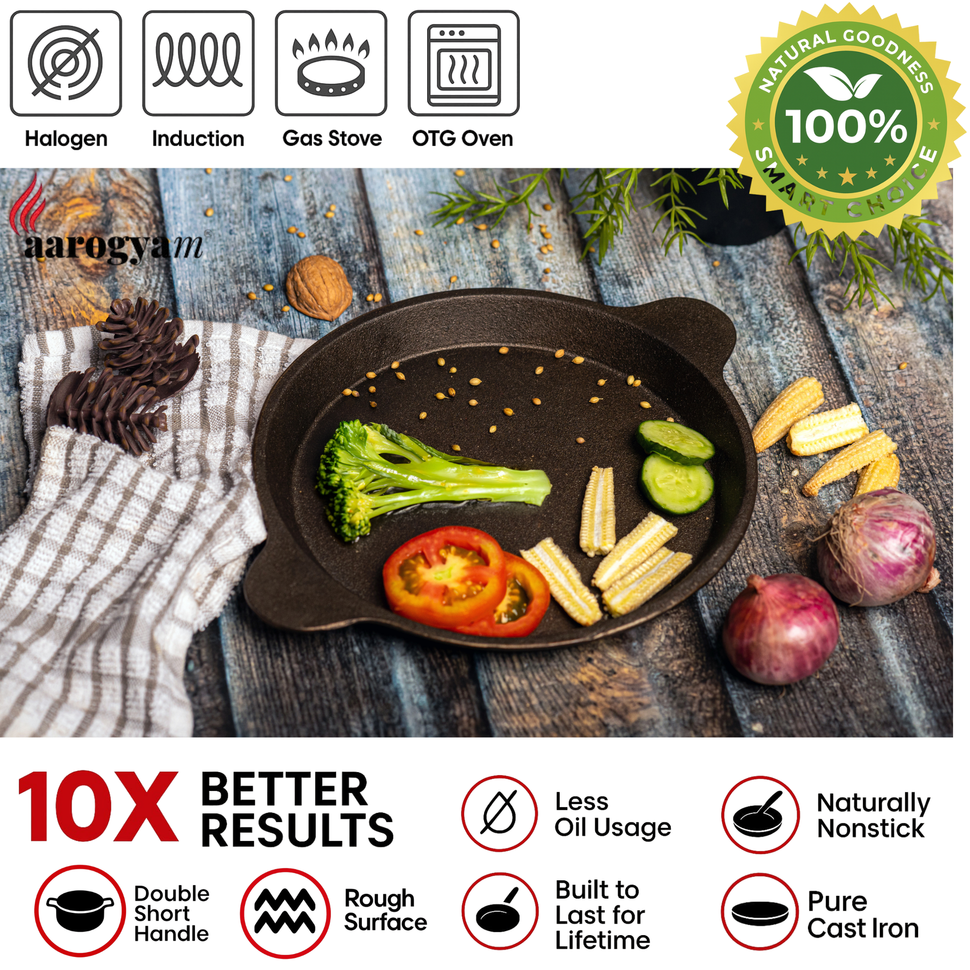 Cast iron skillet with vegetables on a wooden surface, featuring various cooking compatibility icons and a brand logo.