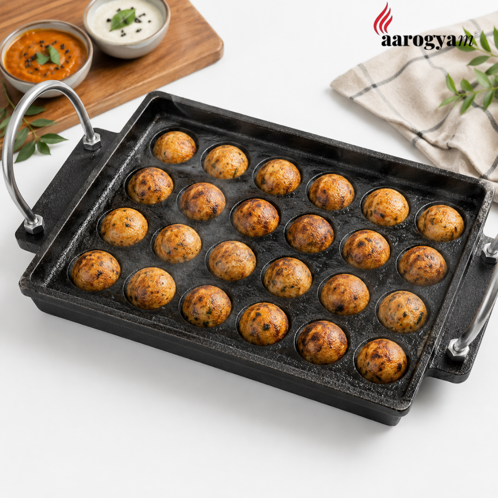 Aarogyam 24 Pits Cast Iron Rectangular Paniyaram, Appe, Appam Pan, Guntha Ponganalu Pan – Pre Seasoned, Rough Finish