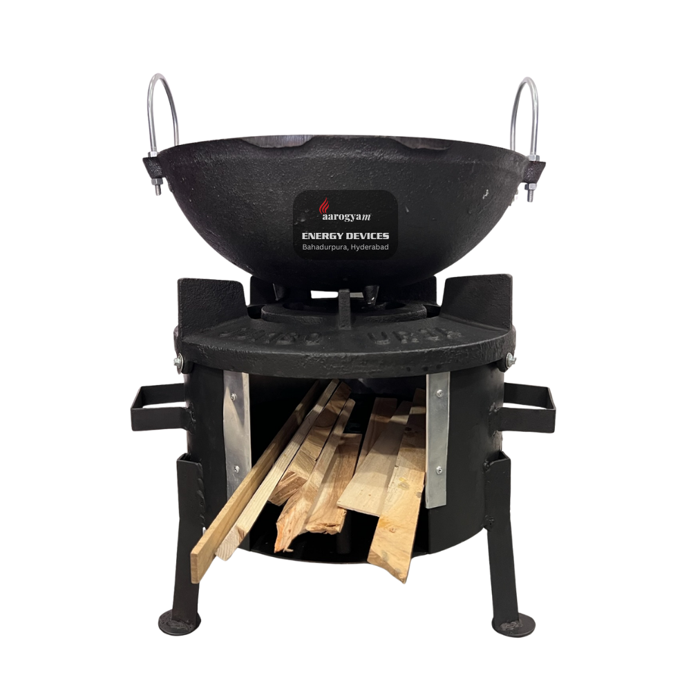 Black metal stove with firewood on a white background