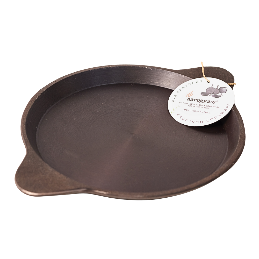 Cast iron skillet with a brand tag on a white background