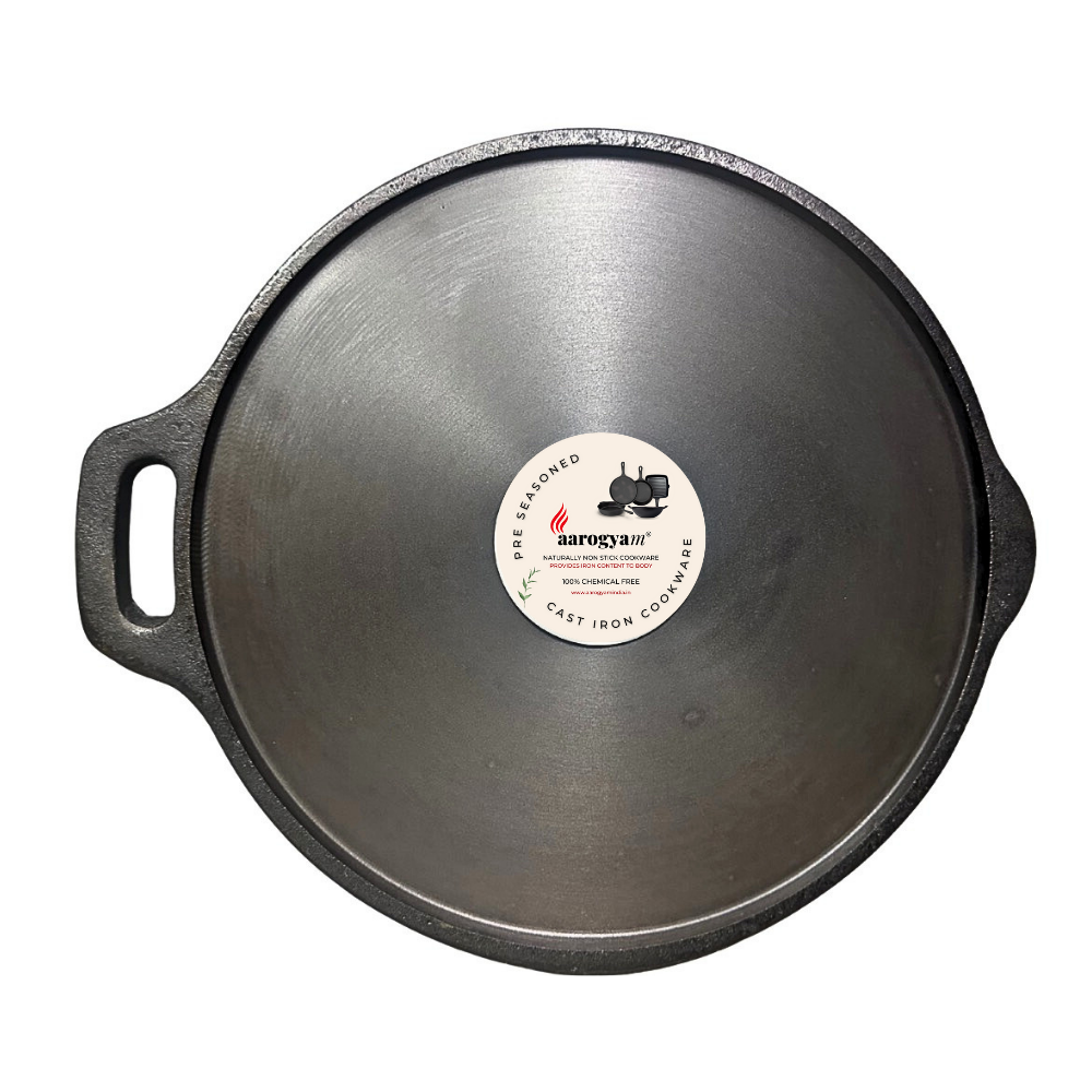 Cast iron cookware with a brand label on a white background