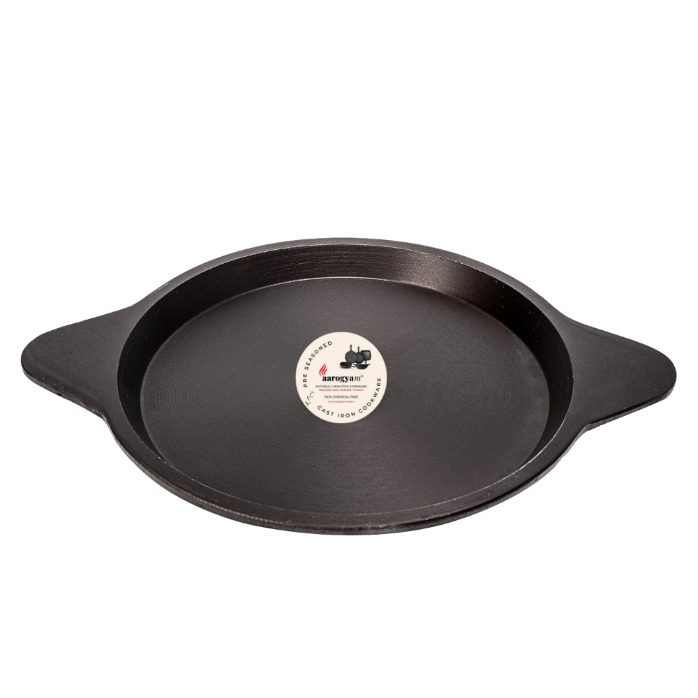 Black round baking dish with a brand label on a white background