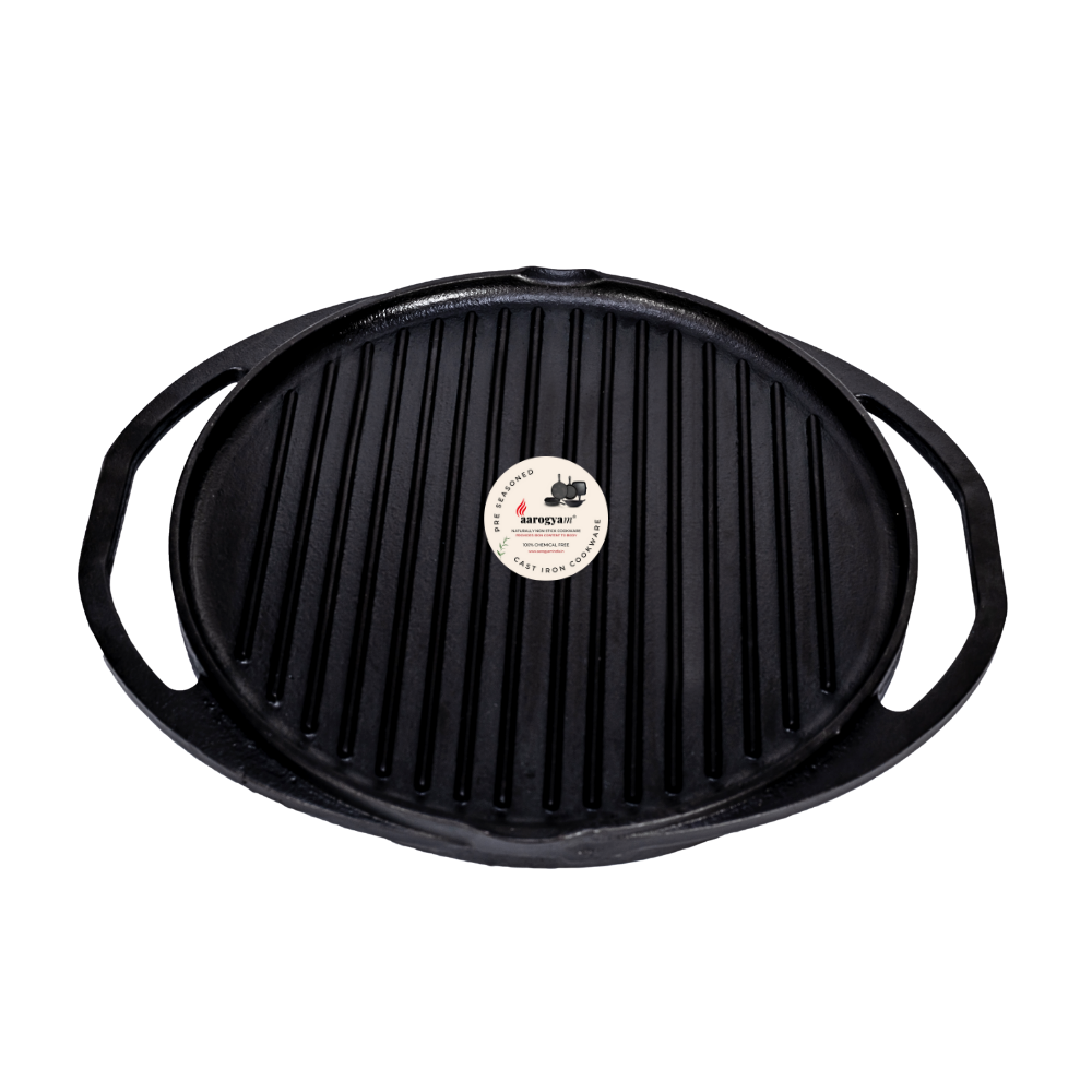 Black cast iron grill pan with a brand label on a white background