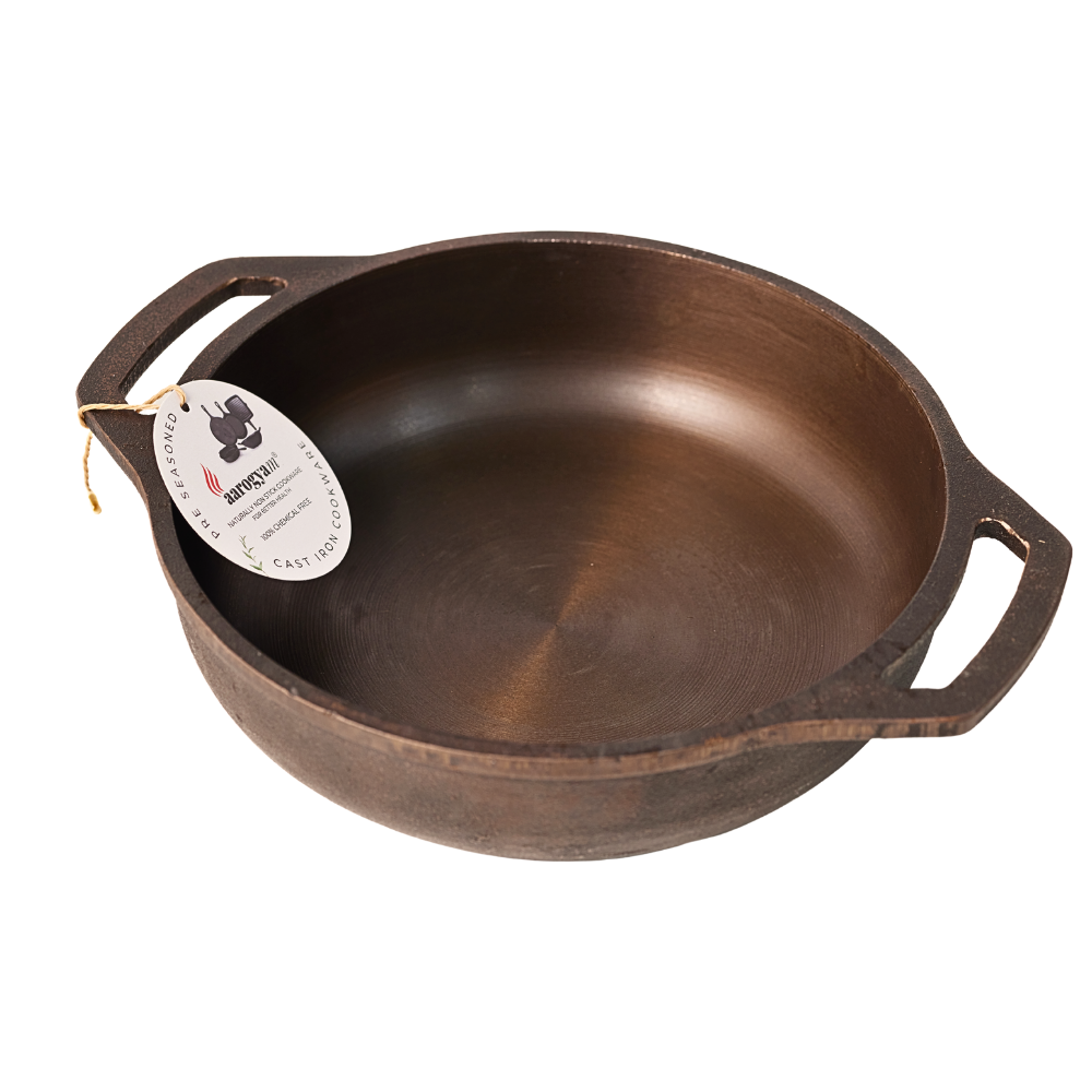 Cast iron skillet with a tag on a white background