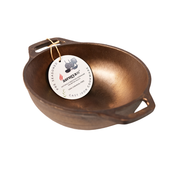 Bronze-colored bowl with handles and a tag on a white background