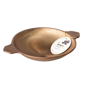 Bronze bowl with handles and a label on a white background