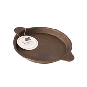 Cast iron skillet with a brand tag on a white background
