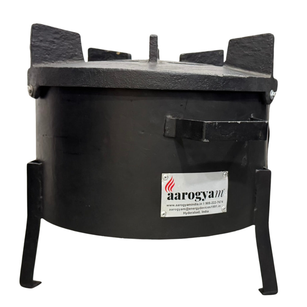 Black wood burning stove with 'aarogyan' branding on a white background