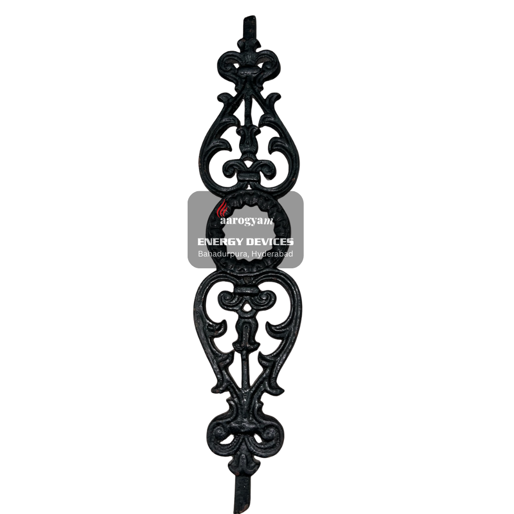Decorative black metal wall hook with intricate designs on a white background, featuring the brand 'Arogyam Energy Devices'.