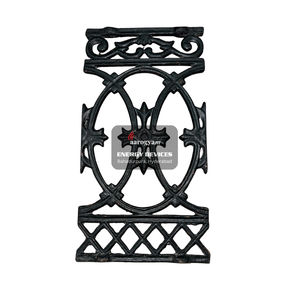 Decorative black metal bracket with 'Aarogya' logo on a white background