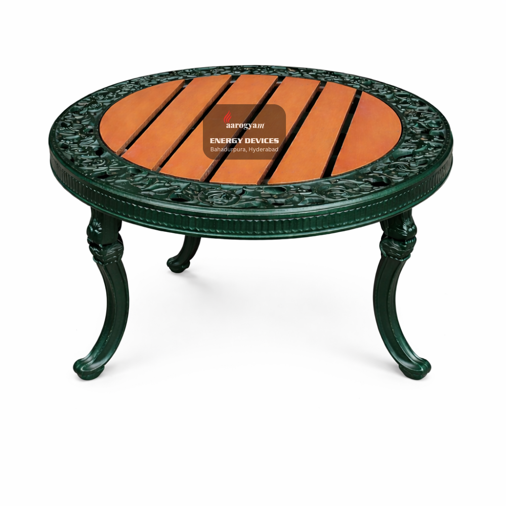 Round table with green frame and orange slatted top on a white background
