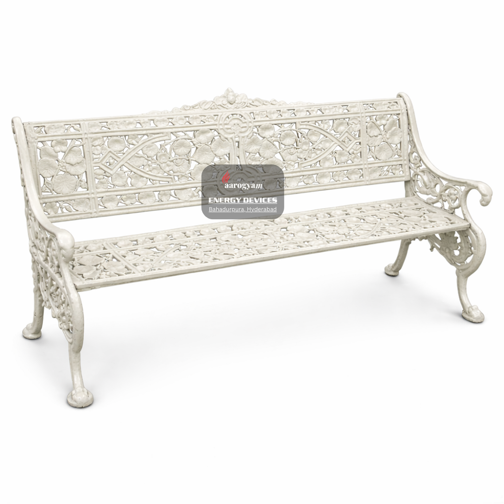 Decorative white metal bench on a white background with a brand logo overlay.
