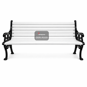 White bench with black metal armrests and legs on a white background, featuring a logo and text.