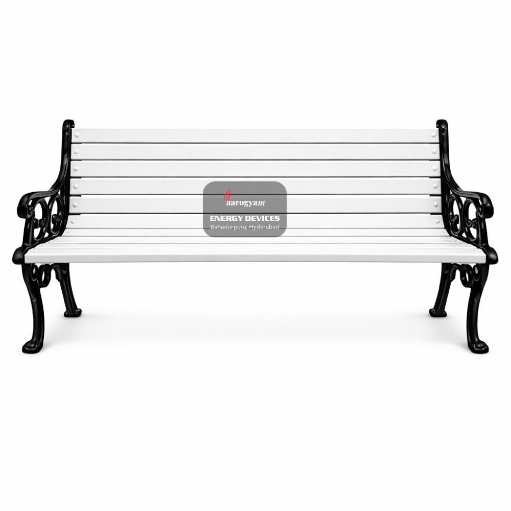 White bench with black metal armrests and legs on a white background, featuring a logo and text.