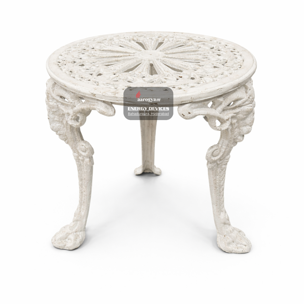 Decorative white table with intricate design on a white background