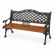 Wooden bench with black metal lattice backrest on a white background