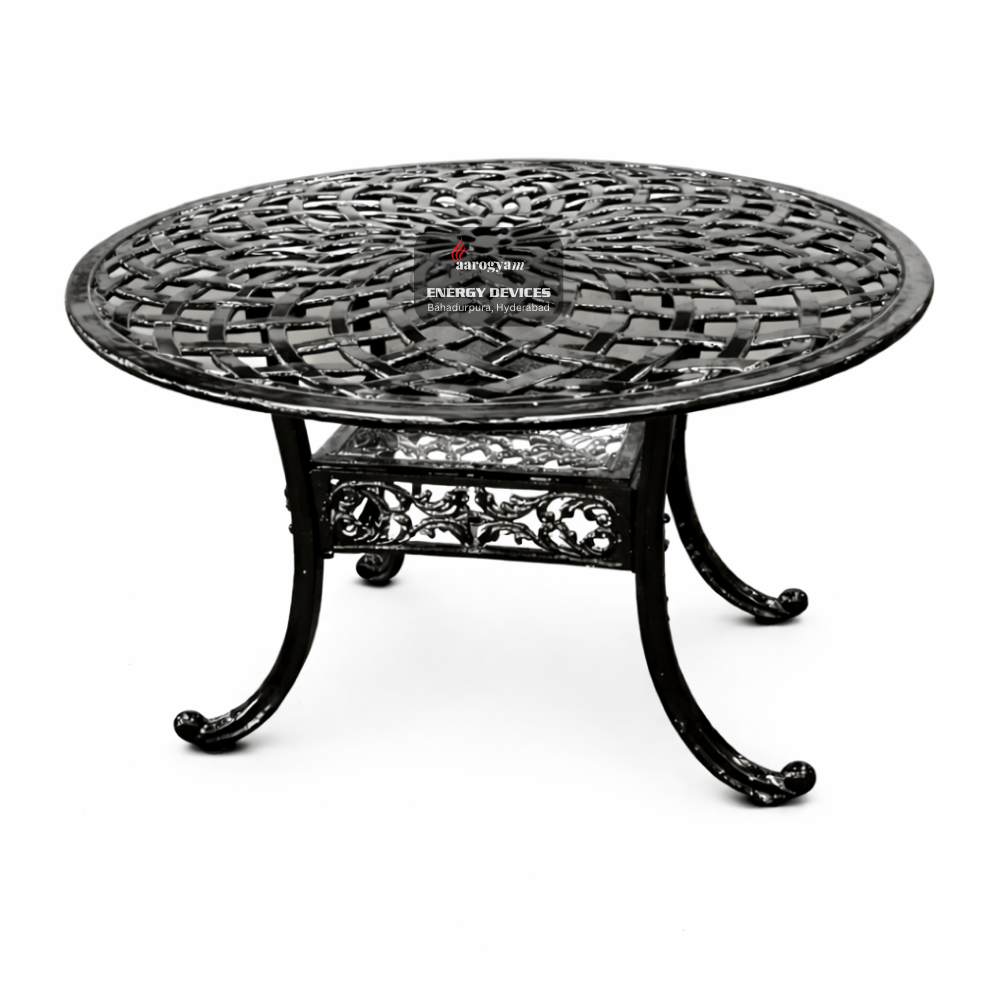 Decorative black metal table on a white background