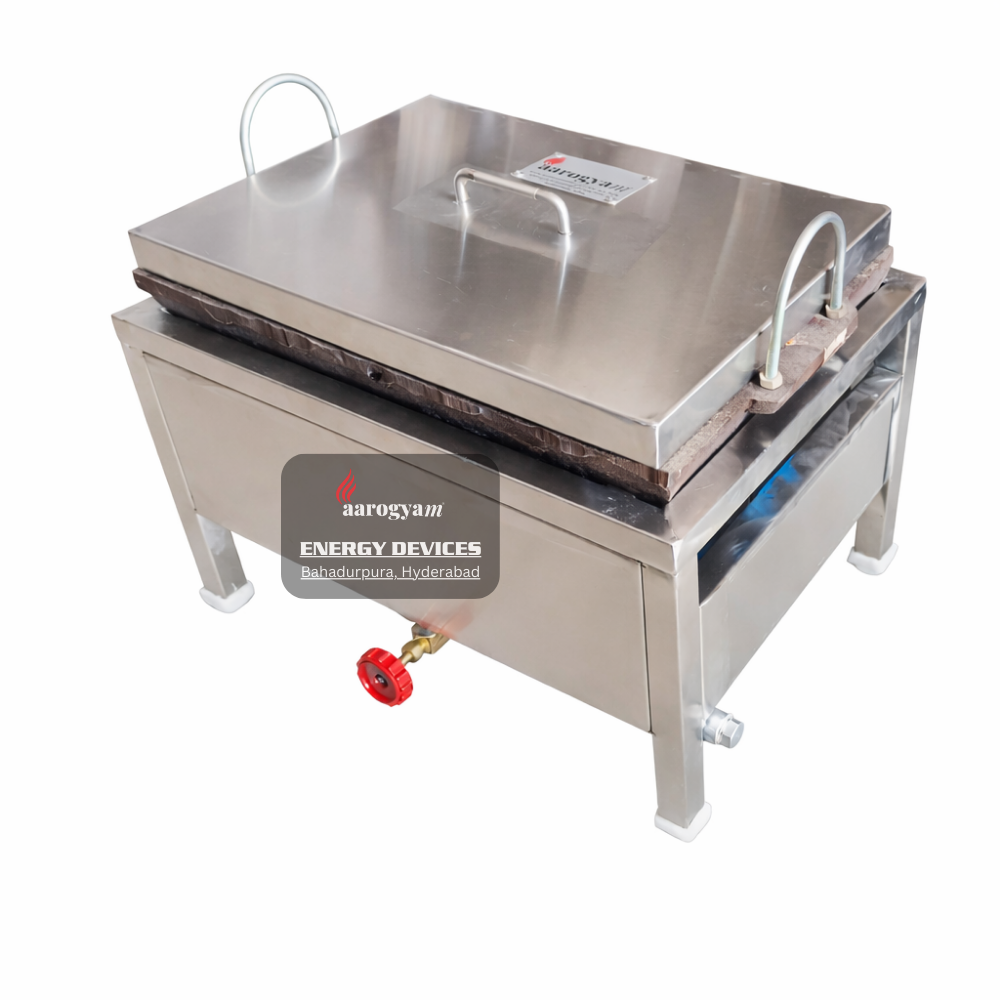 Stainless steel griddle with aarogym branding on a white background