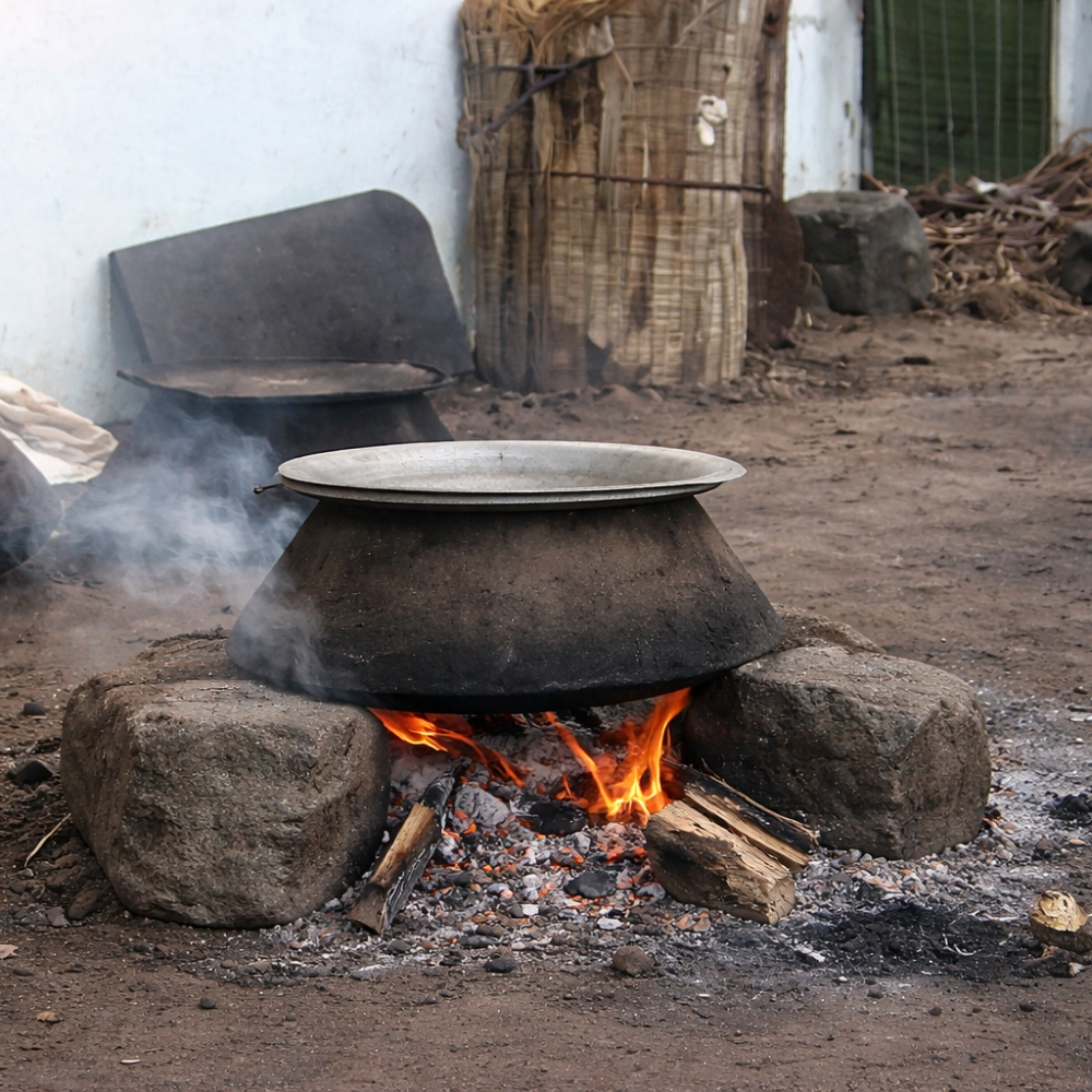 Traditional outdoor cooking setup with a pot over a fire pit.